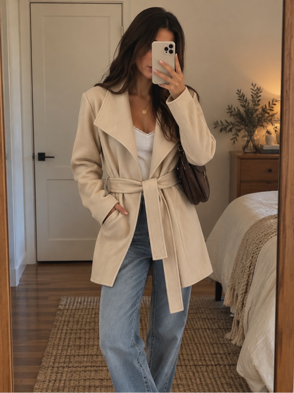 Banana Republic Long Wrap Jacket Champagne Beige Belted XS